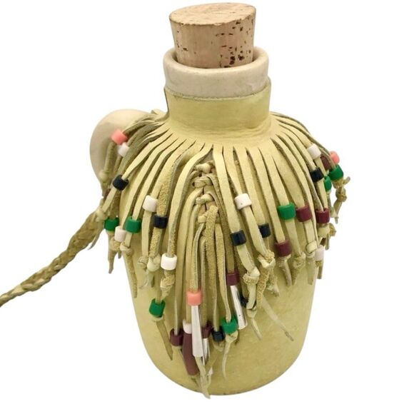 Hobbyist Suede Leather Wrapped Ceramic Jug with Beaded Fringe Braided Strap - Picture 5 of 16